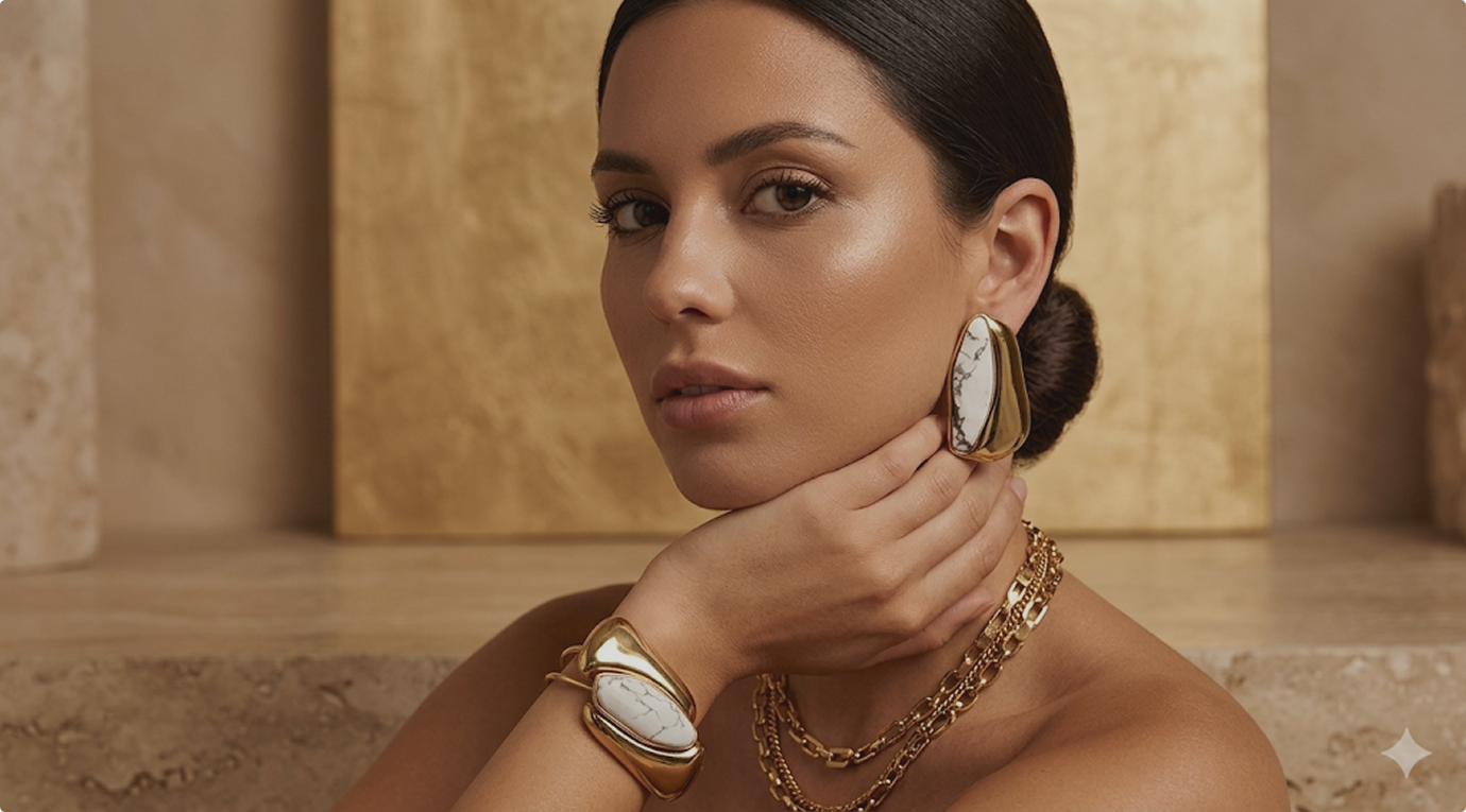 Model wearing the Golden Legacy signature jewelry collection